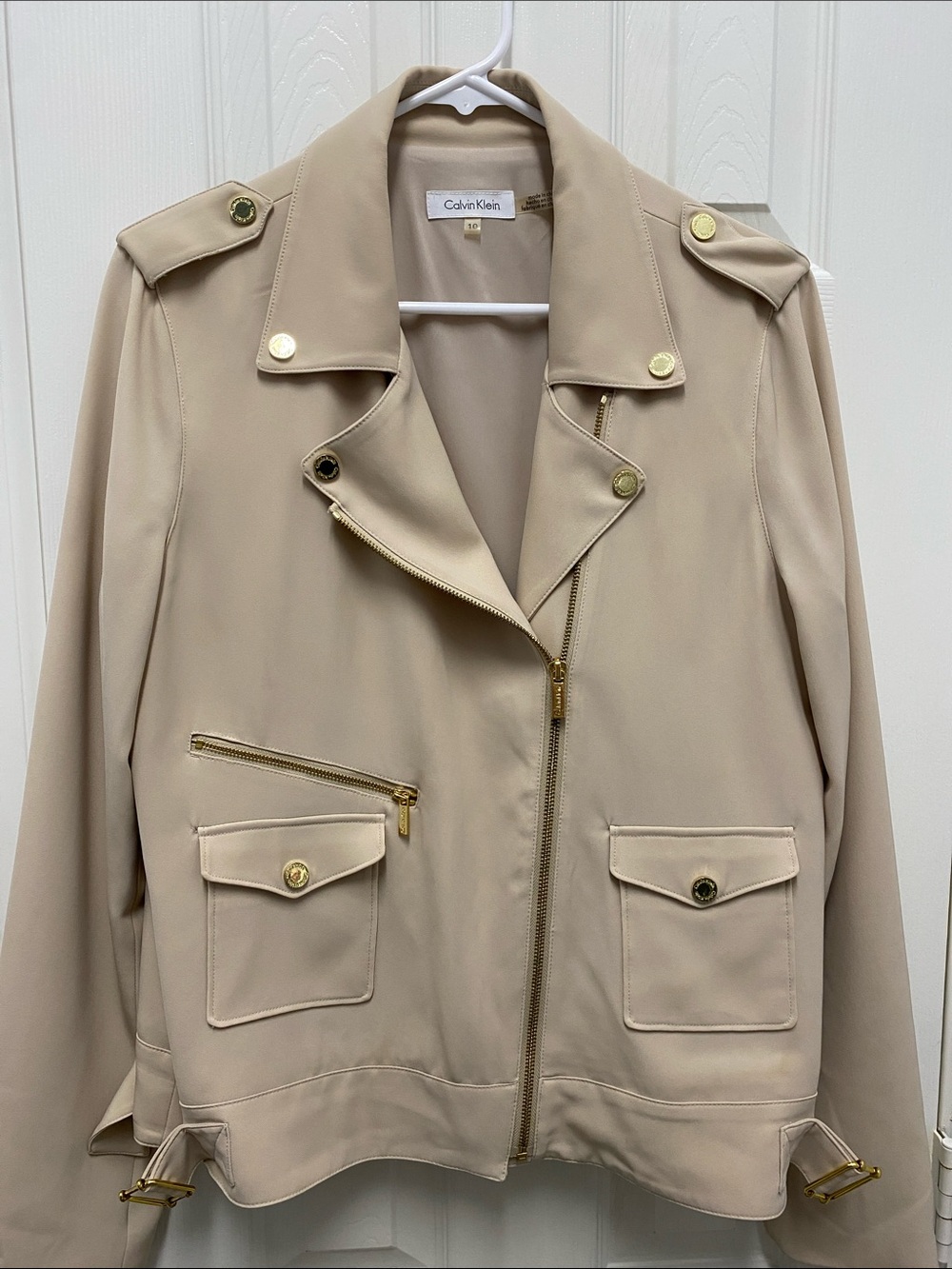 Calvin Klein Light Beige Moto Jacket with Gold Hardware